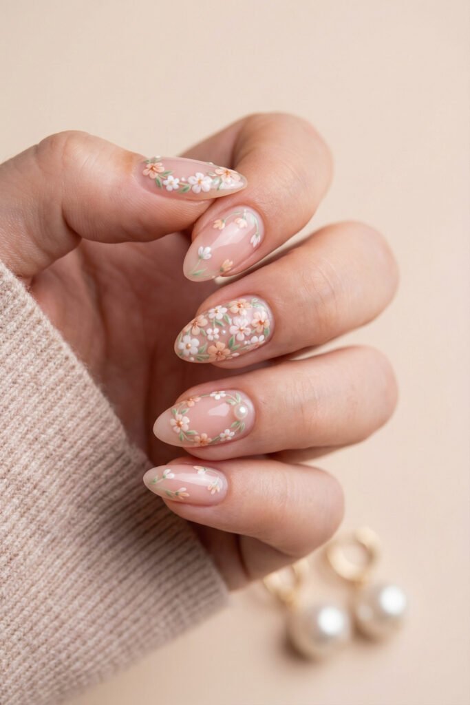 Nude almond floral spring nails with tiny peach and white flowers, soft green vines, and a pearly dew-drop accent on one nail.