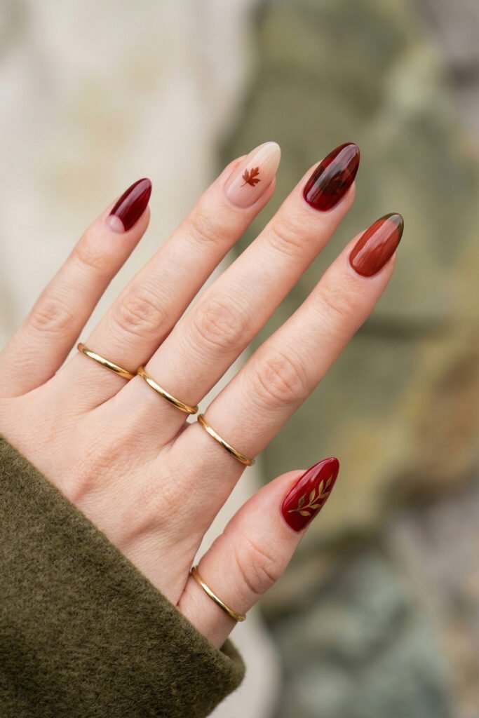 Glossy fall red nails with maple leaf accents, burgundy jelly tones, a warm amber ombré nail, and a gold leaf detail on the thumb.
