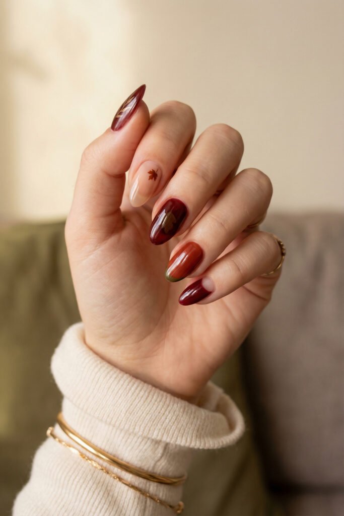 Soft almond fall red nails with leaf nail art, deep cherry gloss, earthy red-brown tones, and a subtle half-moon accent.
