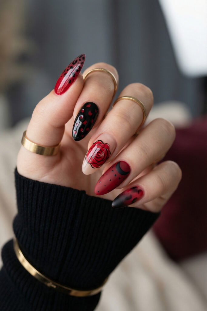 Black and Red Nails for a Bold, Polished Look 27 Hand with gold rings displaying red black and nude almond nails with polka dots a rose outline and a matte crescent design