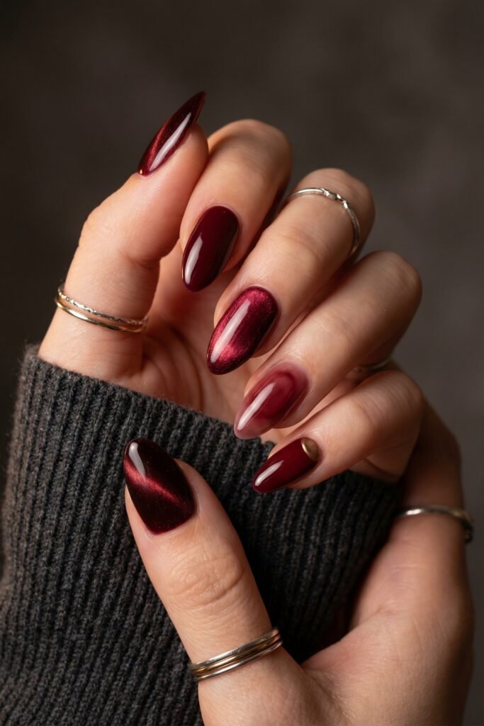 Moody fall red nails in deep burgundy with cat-eye shimmer, a soft red aura accent, and glossy almond tips for an elevated autumn look.
