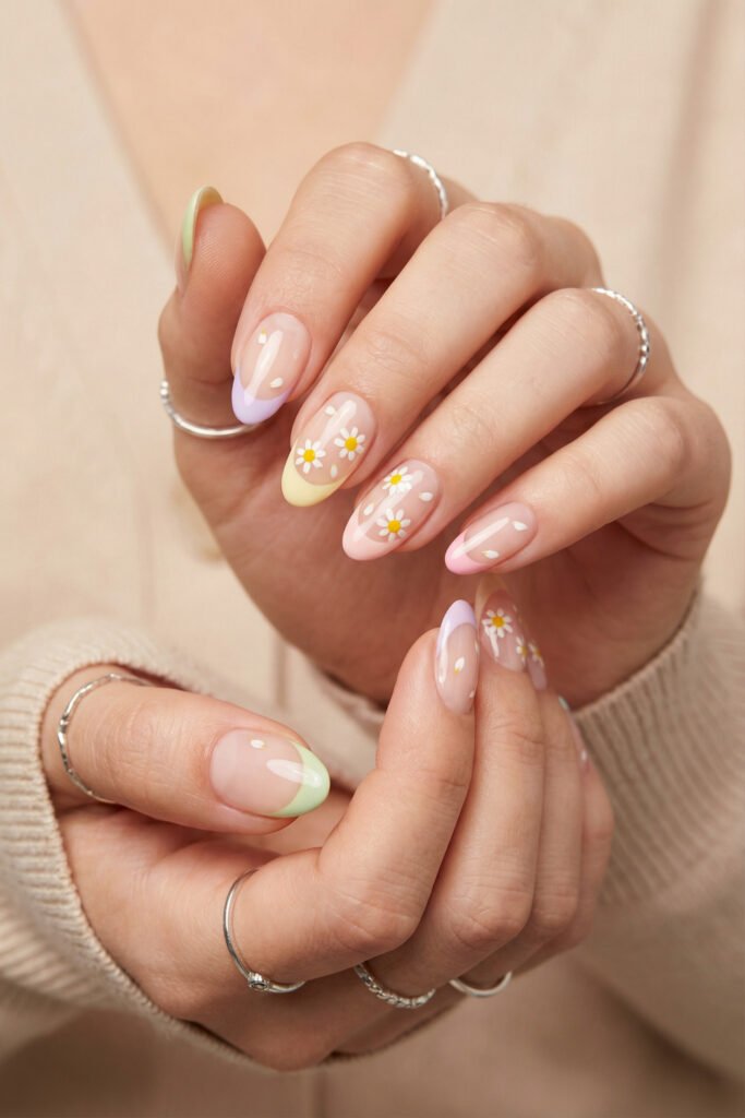 Pastel French floral spring nails with almond shape, daisy art, and soft lavender, yellow, pink, and mint tips paired with silver rings.
