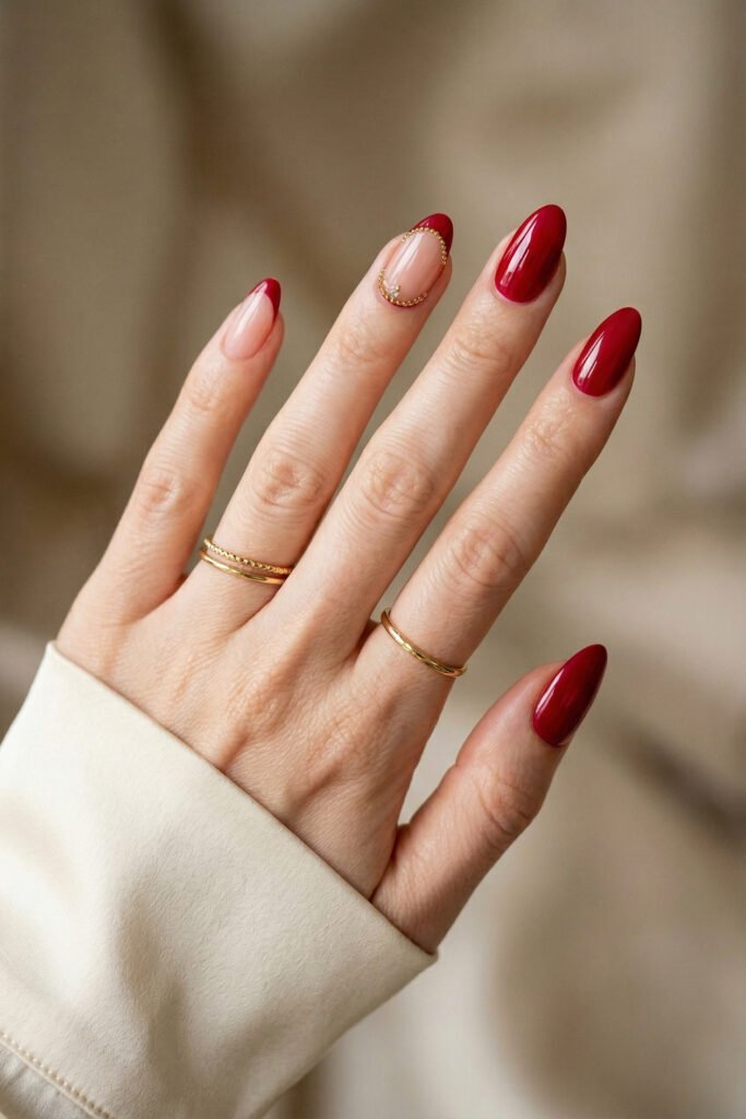 Chic Gold and Red Nails for a Bold, Polished Look 3 Hand with glossy red and nude almond nails featuring gold beaded French tip accents with thin gold rings and a cream sleeve against a soft neutral background