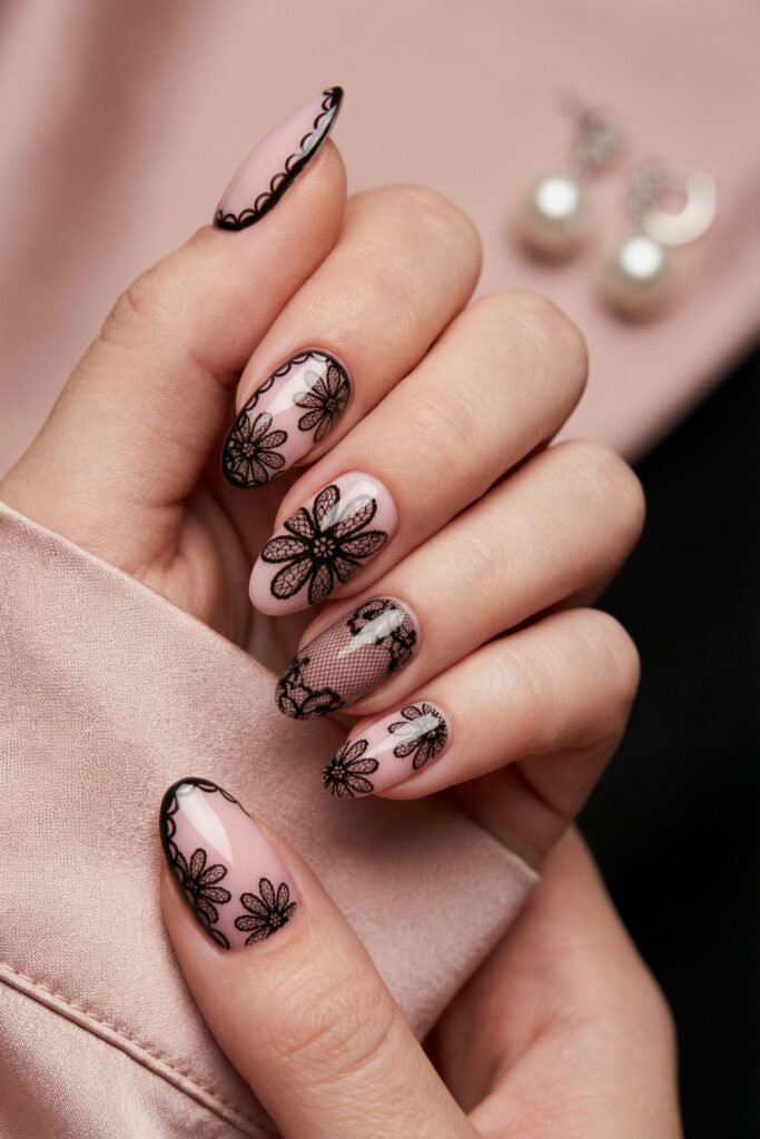 Blush pink almond nails with black lace floral art, scalloped edging, and a sheer mesh accent nail for an elegant spring goth nails manicure.
