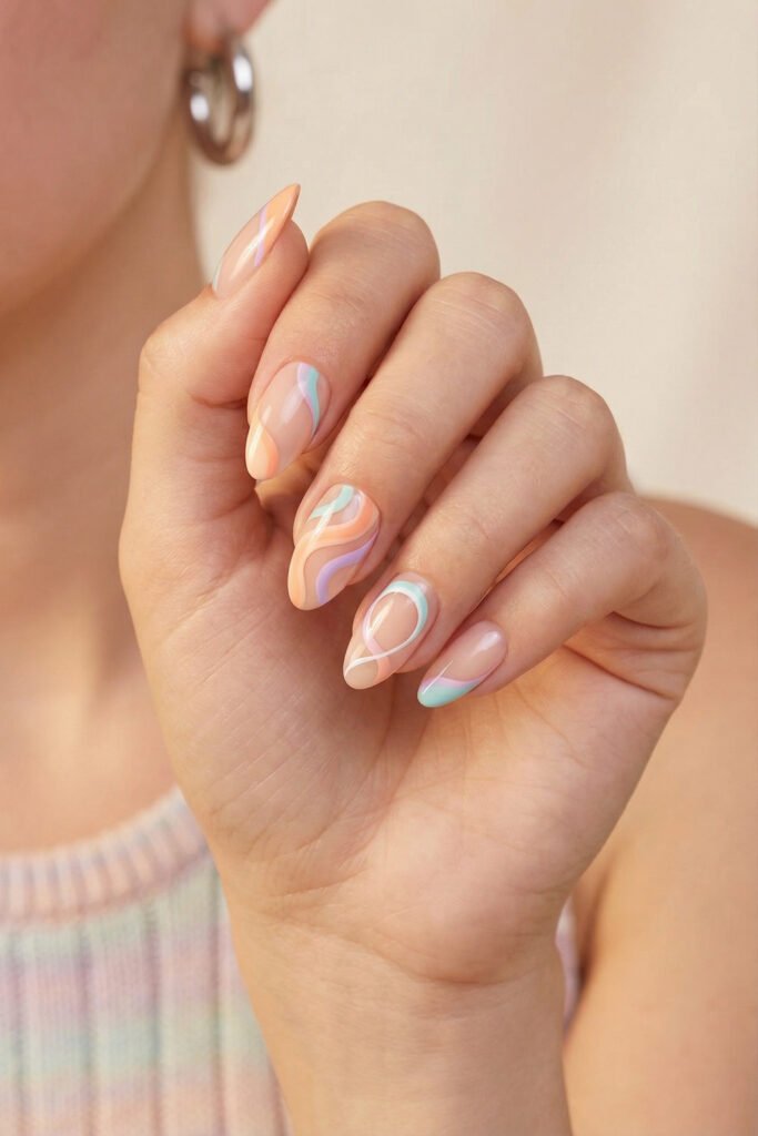 Spring Summer Nails That Feel Fresh and Easy 3 Abstract spring summer nails with pastel peach, lavender, mint, and cream swirls over glossy almond nails and a sheer nude base.