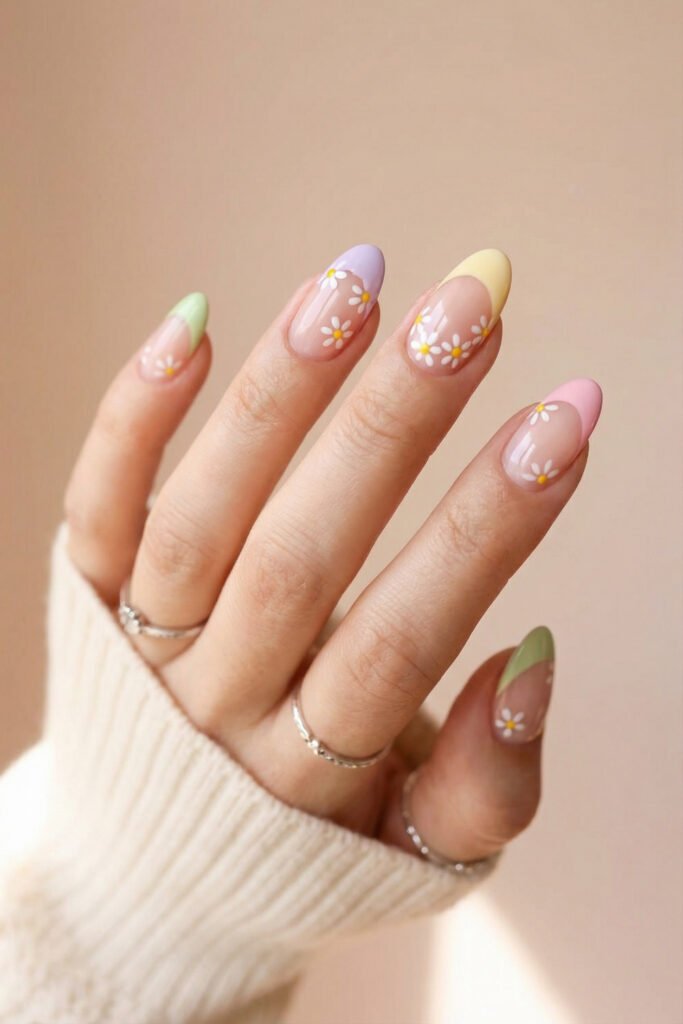 Almond floral spring nails with pastel French tips and daisy details in pink, yellow, lavender, and mint for a playful soft spring manicure.
