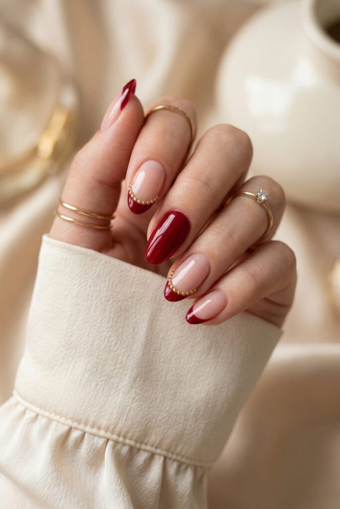 Chic Gold and Red Nails for a Bold, Polished Look 4 Close up of a hand with glossy red and nude almond nails featuring gold beaded French tips with delicate rings and a cream sleeve against a beige background