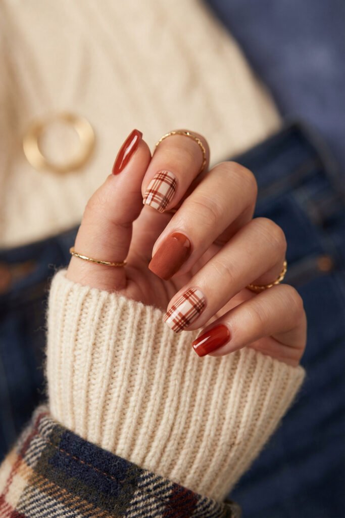 Square fall red nails in cinnamon and rust shades with plaid accent nails, glossy finishes, and cozy sweater styling.
