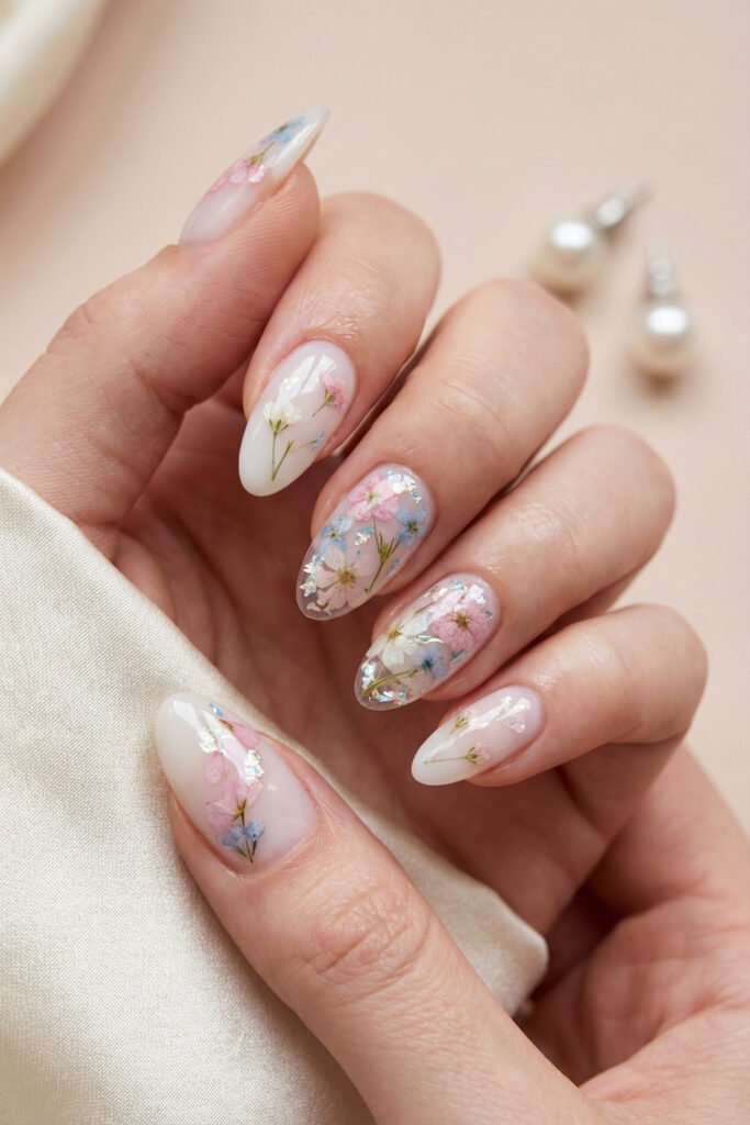 Milky white almond floral spring nails with pressed pink, blue, and white flowers and iridescent foil accents for an airy romantic manicure.
