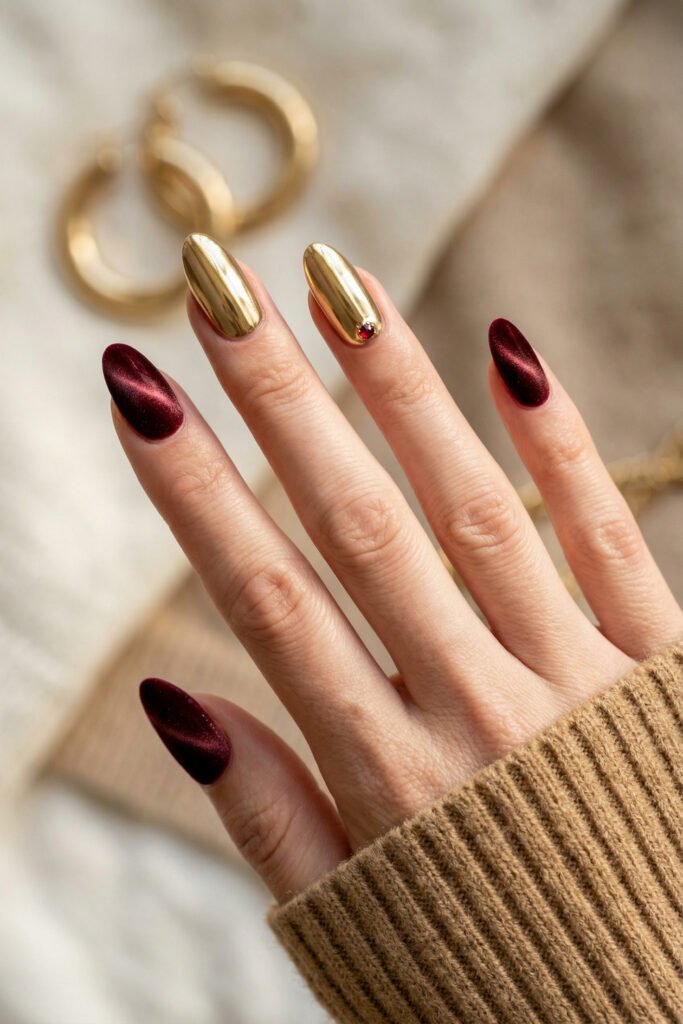 Chic Gold and Red Nails for a Bold, Polished Look 5 Hand with velvet burgundy almond nails and mirror gold chrome accent nails featuring a small red gem with a tan sweater sleeve against a soft neutral background