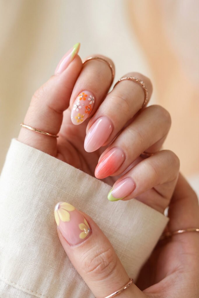 Spring Summer Nails That Feel Fresh and Easy 4 Pink spring summer nails with orange floral art, a coral ombré accent, green French tip, and tiny rhinestones on glossy almond nails.