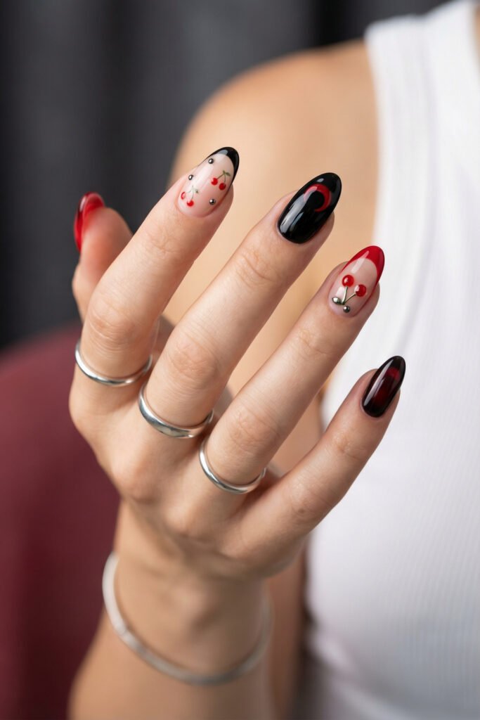 Black and Red Nails for a Bold, Polished Look 6 Hand with silver rings displaying red black and nude almond nails with cherry accents a red crescent design and a glossy ombre finish