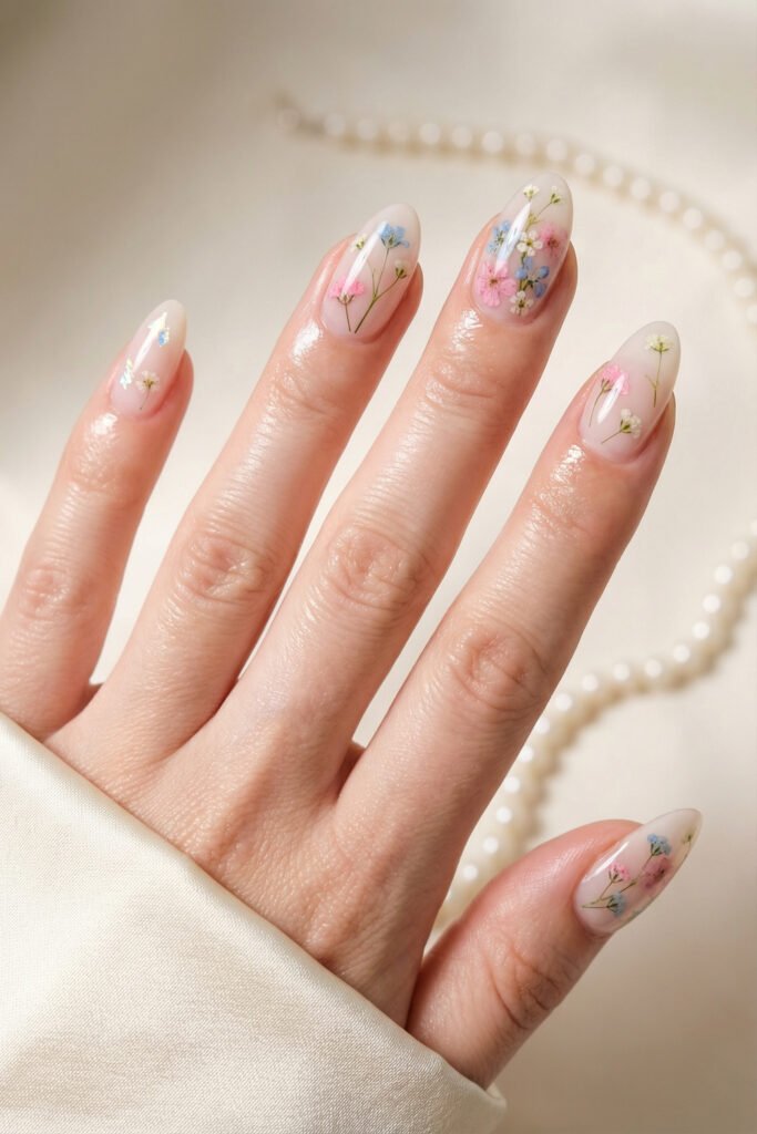 Soft pink almond floral spring nails with translucent base and tiny pressed blossoms in pastel blue, pink, and white for an elegant garden-inspired look.
