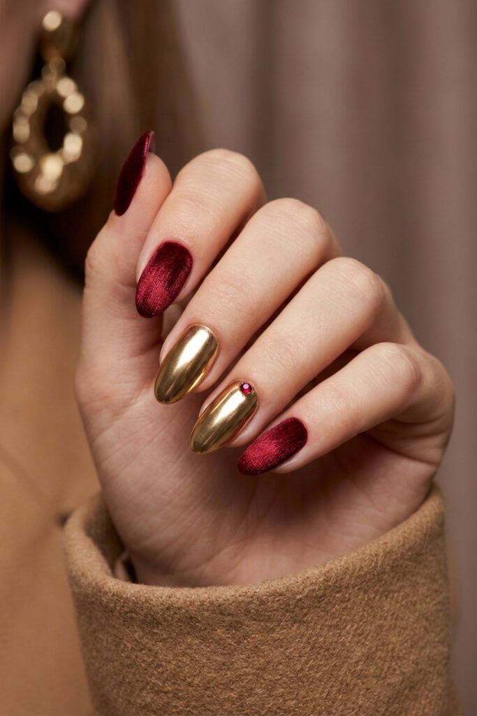 Chic Gold and Red Nails for a Bold, Polished Look 6 Close up of a hand with velvet burgundy nails and mirror gold chrome accents featuring a tiny red gem with a camel sleeve against a warm blurred background