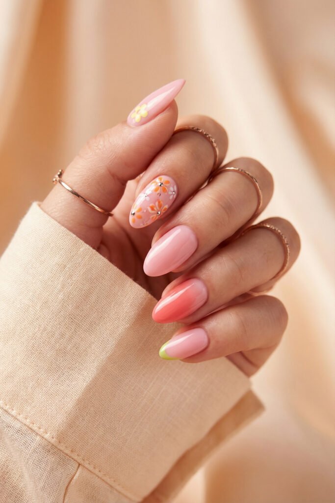 Spring Summer Nails That Feel Fresh and Easy 5 Glossy pink and coral spring summer nails with a floral accent nail, soft green French tip, and delicate flower details on almond nails.