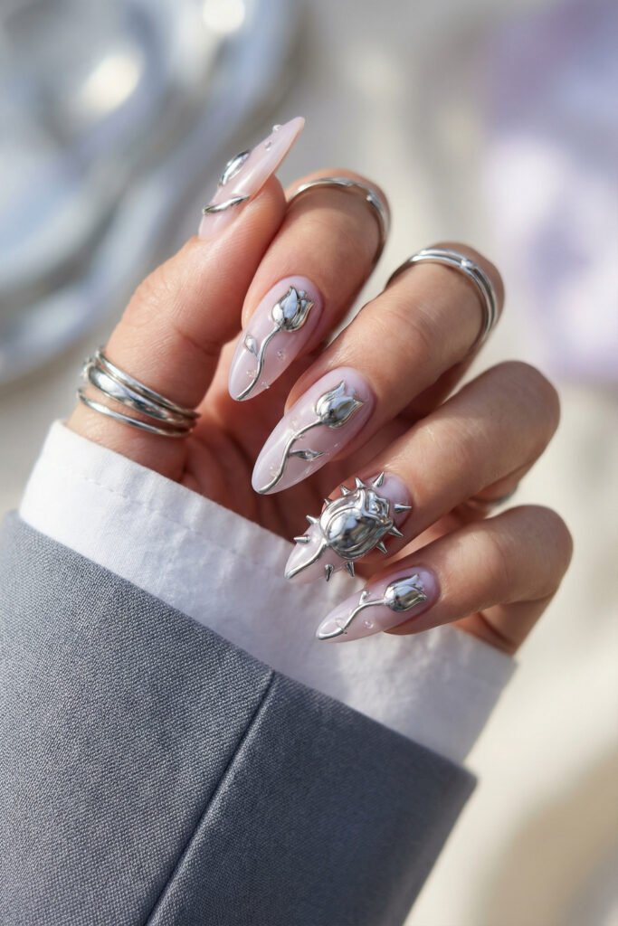 Avant-garde edgy spring nails with pale lilac almond nails, silver chrome rose art, raised metallic details, and spiked accents.
