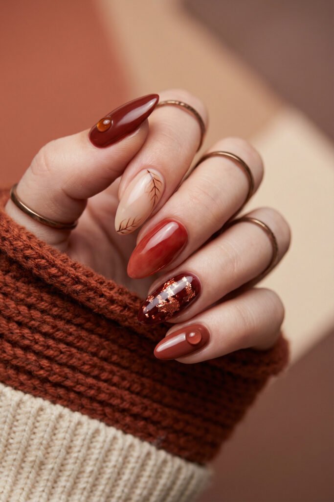 Almond fall red nails with leaf line art, red jelly ombré, copper foil accents, and glossy amber details in warm autumn tones.
