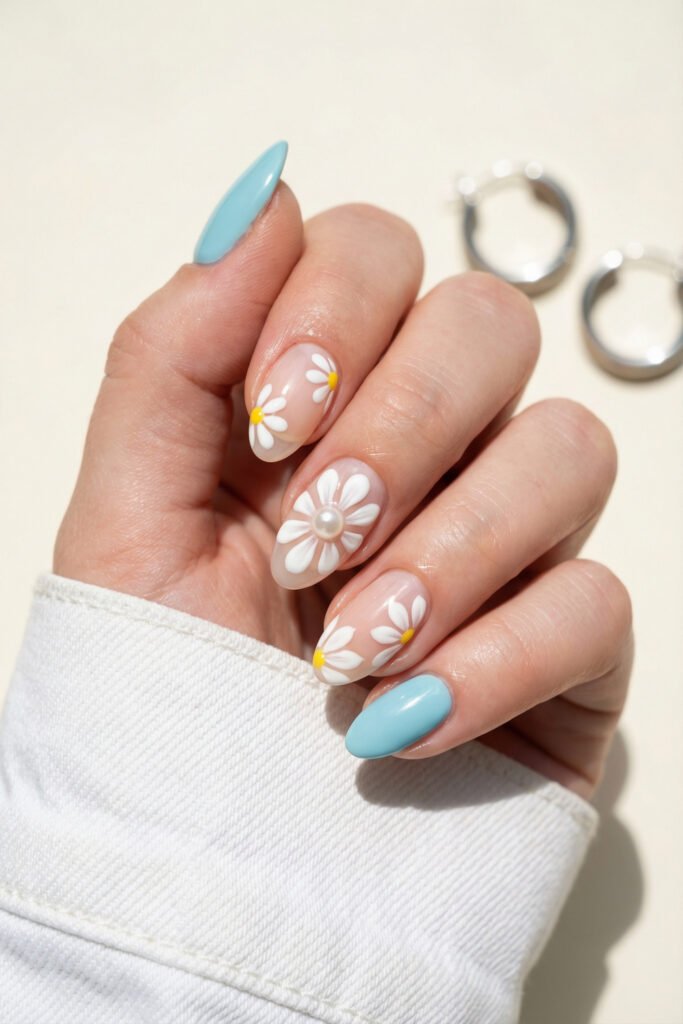Blue and nude floral spring nails with oversized white daisy art, yellow centers, and a pearl accent on glossy almond nails.
