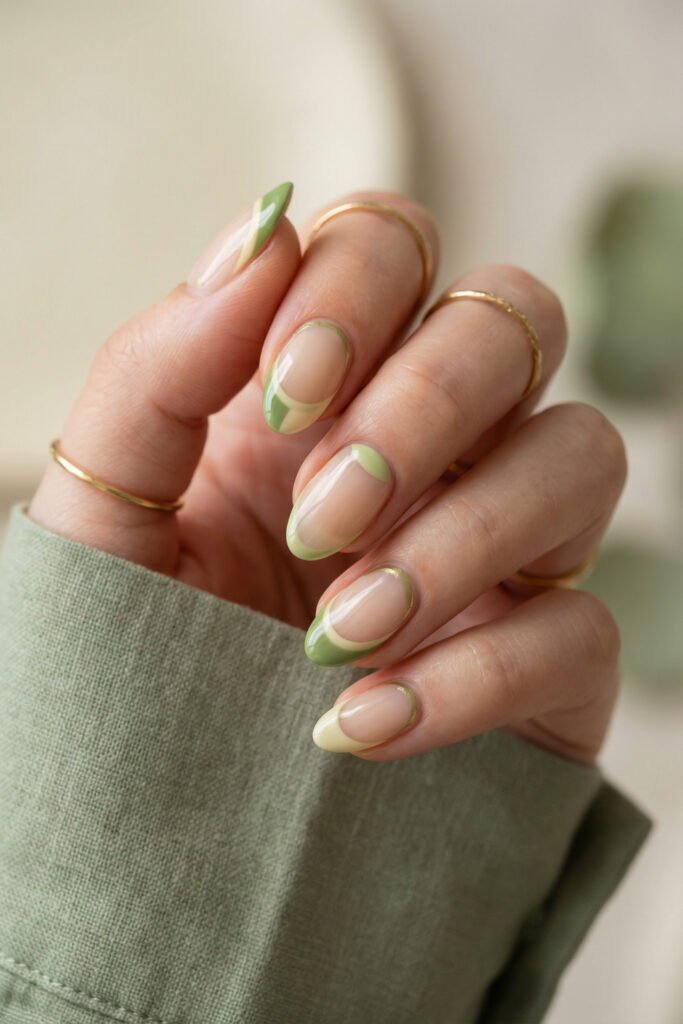 Spring Summer Nails That Feel Fresh and Easy 6 Olive green and cream spring summer nails with curved French tips, nude base, and subtle metallic edging on glossy almond nails.