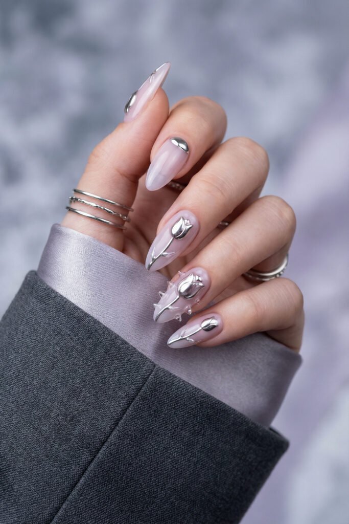 Minimal edgy spring nails in pale lilac with silver chrome floral accents and sculptural metallic details on glossy almond nails.
