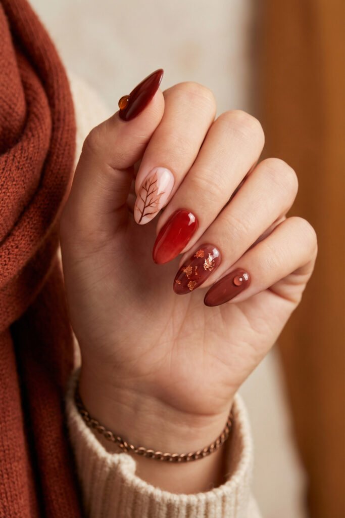 Warm fall red nails with a nude botanical accent, red jelly gradient, copper foil detail, and glossy brown-red almond tips.
