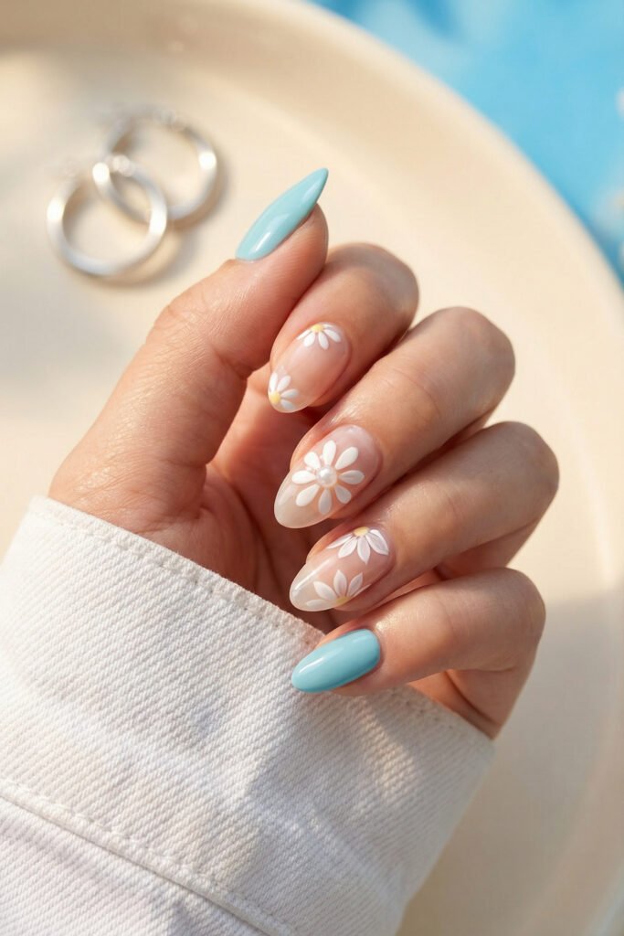 Glossy almond floral spring nails with sky blue solid nails, soft nude base, white daisy petals, and a pearl-centered flower accent.
