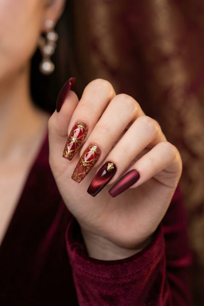 Chic Gold and Red Nails for a Bold, Polished Look 8 Close up of a hand with burgundy coffin nails featuring gold filigree art and matte cat eye finishes with a velvet sleeve against a rich warm background