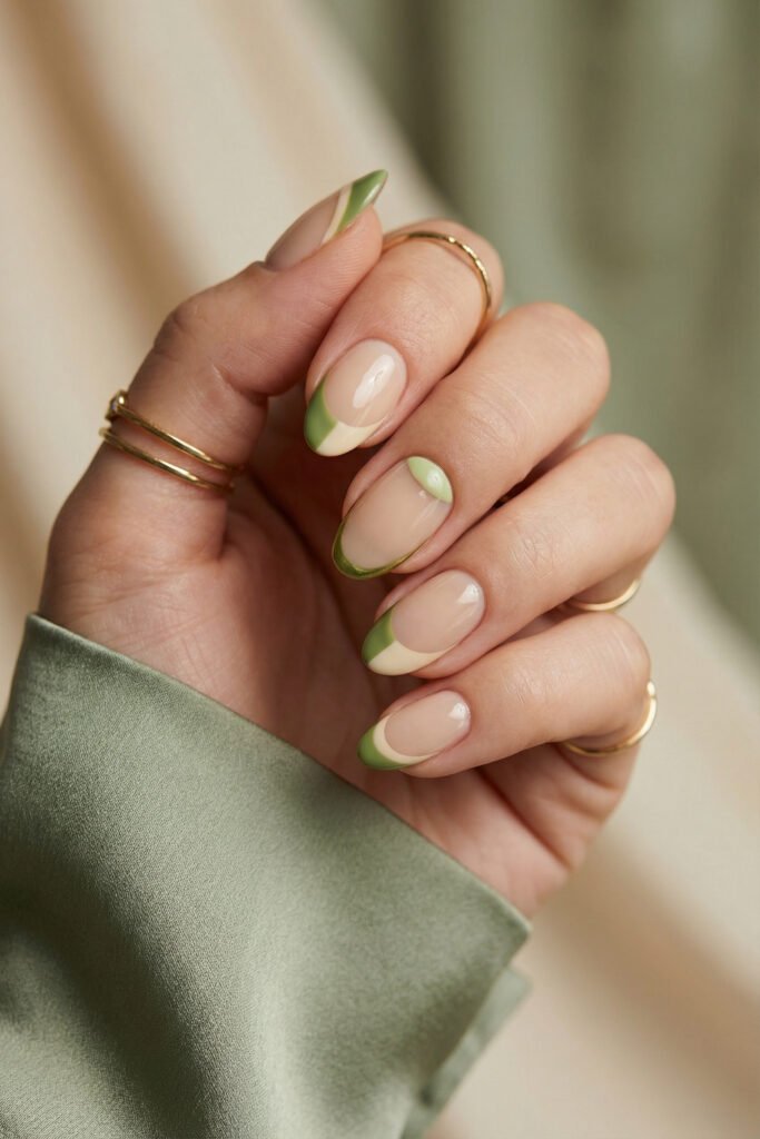 Spring Summer Nails That Feel Fresh and Easy 7 Minimal spring summer nails with olive and ivory French tips, negative space details, and a glossy nude base on almond-shaped nails.