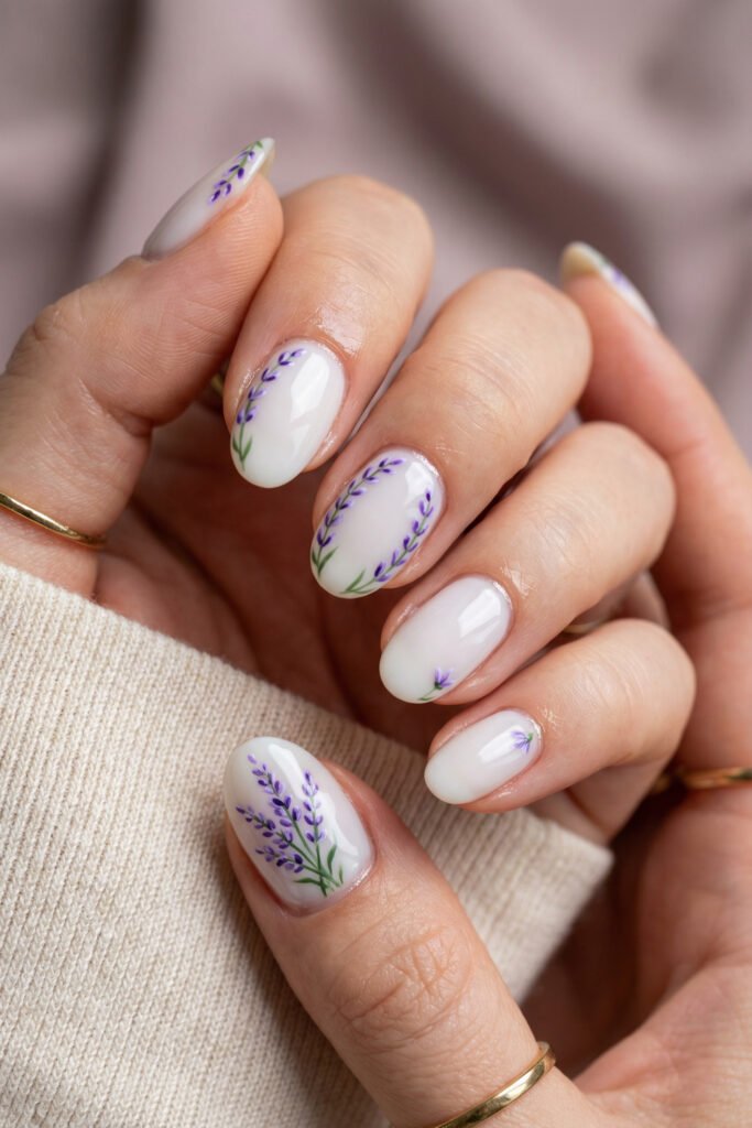 Milky white floral spring nails with delicate lavender sprig nail art on glossy almond nails, styled with gold rings and a cozy knit sleeve.