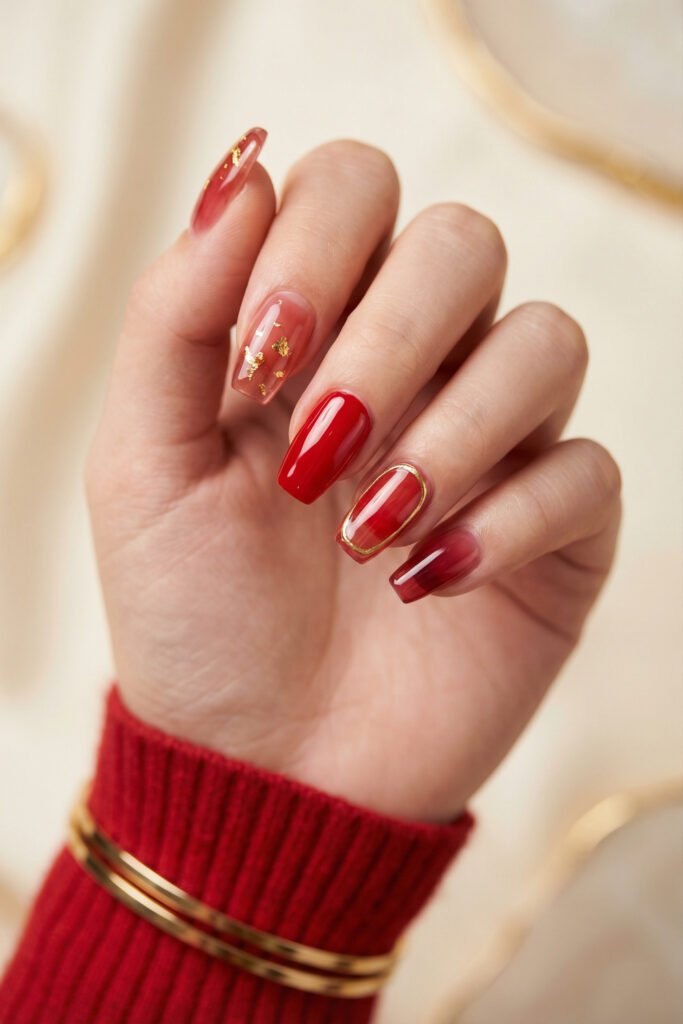 Chic Gold and Red Nails for a Bold, Polished Look 9 Hand with glossy red and sheer rose square nails featuring gold foil accents and fine gold outlines with a red sweater cuff against a soft cream background