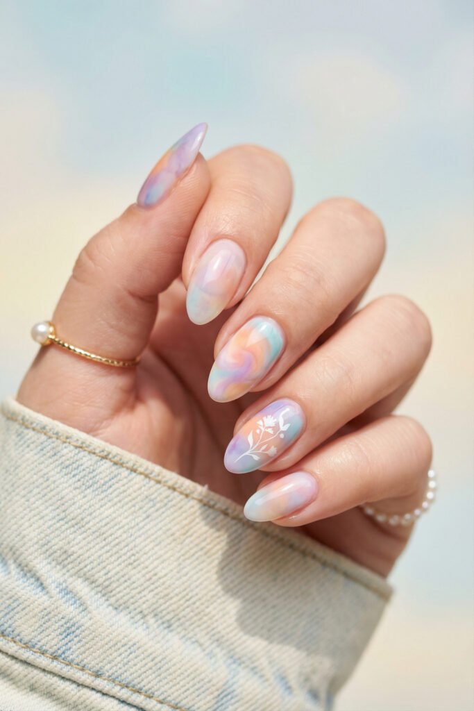 Spring Summer Nails That Feel Fresh and Easy 8 Pastel watercolor spring summer nails with swirls of lavender, peach, blue, and pink plus a white botanical accent on almond nails.