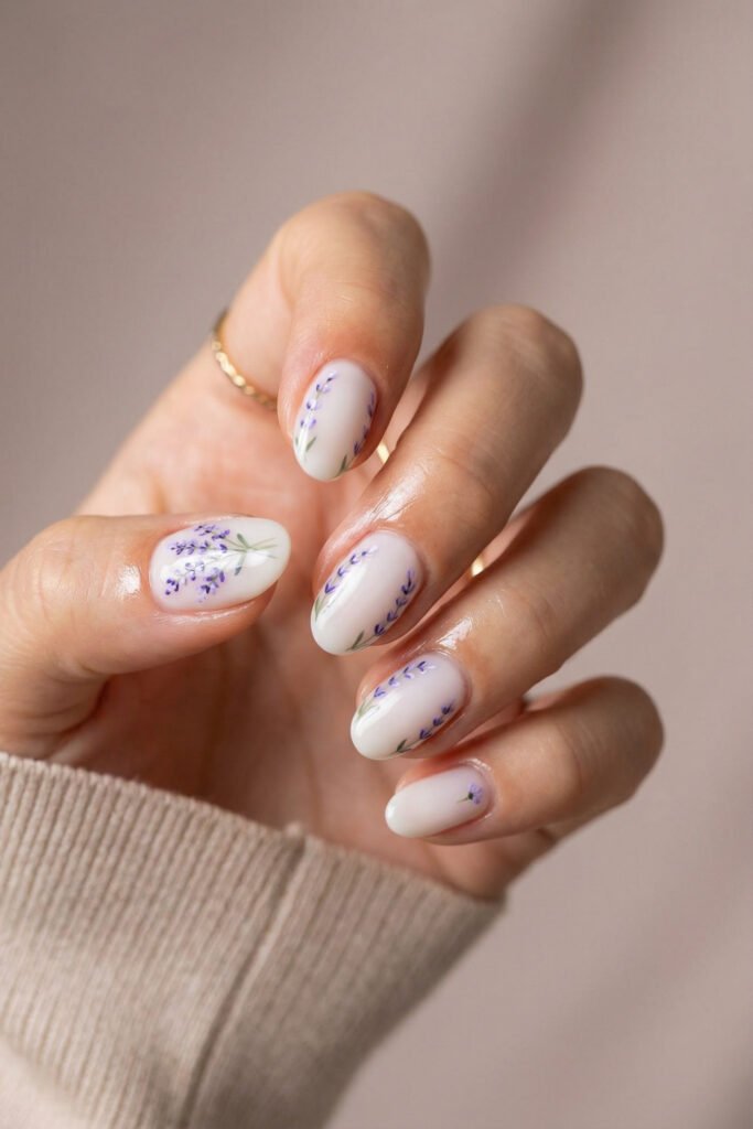 Glossy milky white almond floral spring nails with delicate lavender sprigs painted along the edges for a clean, minimalist spring manicure.
