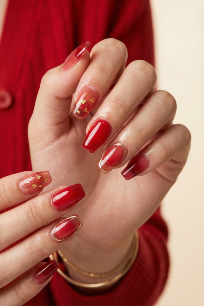 Chic Gold and Red Nails for a Bold, Polished Look 10 Close up of both hands with glossy red square nails featuring sheer rose accent nails with gold foil and fine gold outlines against a soft cream background