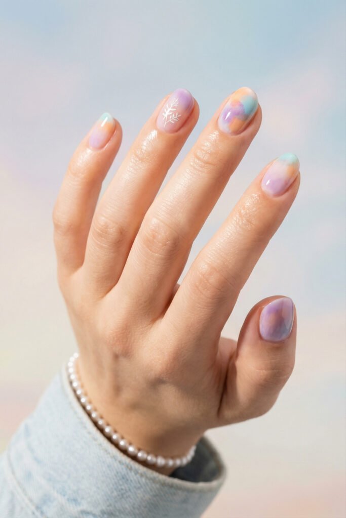 Spring Summer Nails That Feel Fresh and Easy 9 Soft watercolor spring summer nails in lilac, peach, pink, and blue with a delicate white leaf accent and glossy rounded almond shape.