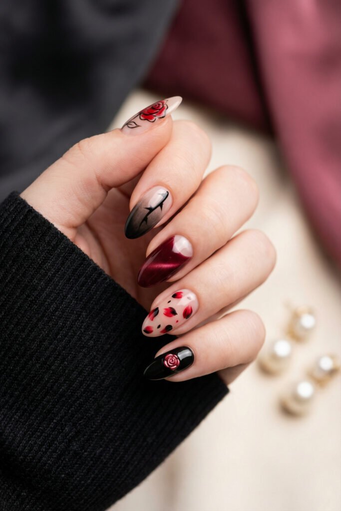 Black and Red Nails for a Bold, Polished Look 12 Hand in a black sweater with almond nails featuring a red rose black thorns burgundy shimmer petals and a 3D rose accent