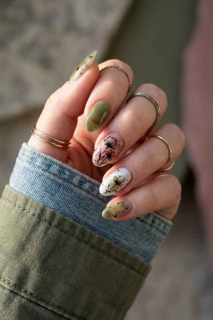 Olive green edgy spring nails with nude accent nails, black floral line art, and speckled details on glossy almond shapes.
