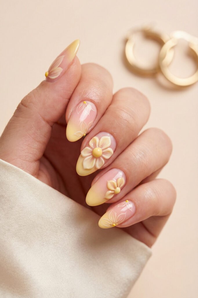 Almond floral spring nails with soft pink base, buttery yellow ombré tips, sculpted 3D flowers, and fine white petal outlines.
