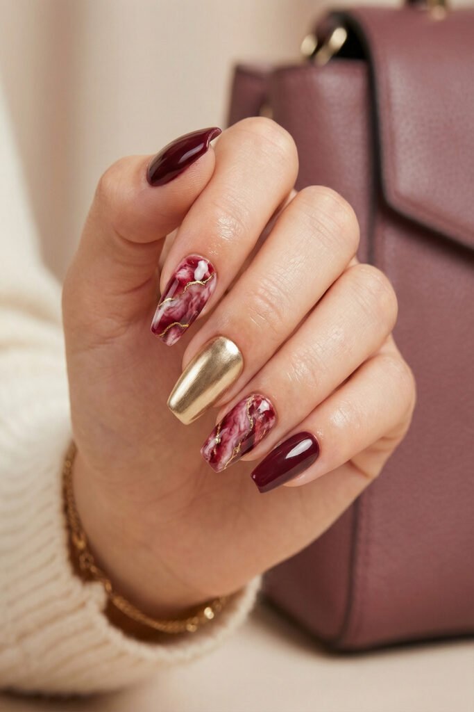 Chic Gold and Red Nails for a Bold, Polished Look 12 Close up of a hand with deep burgundy nails featuring marbled rose accent nails and a brushed gold chrome nail beside a mauve handbag