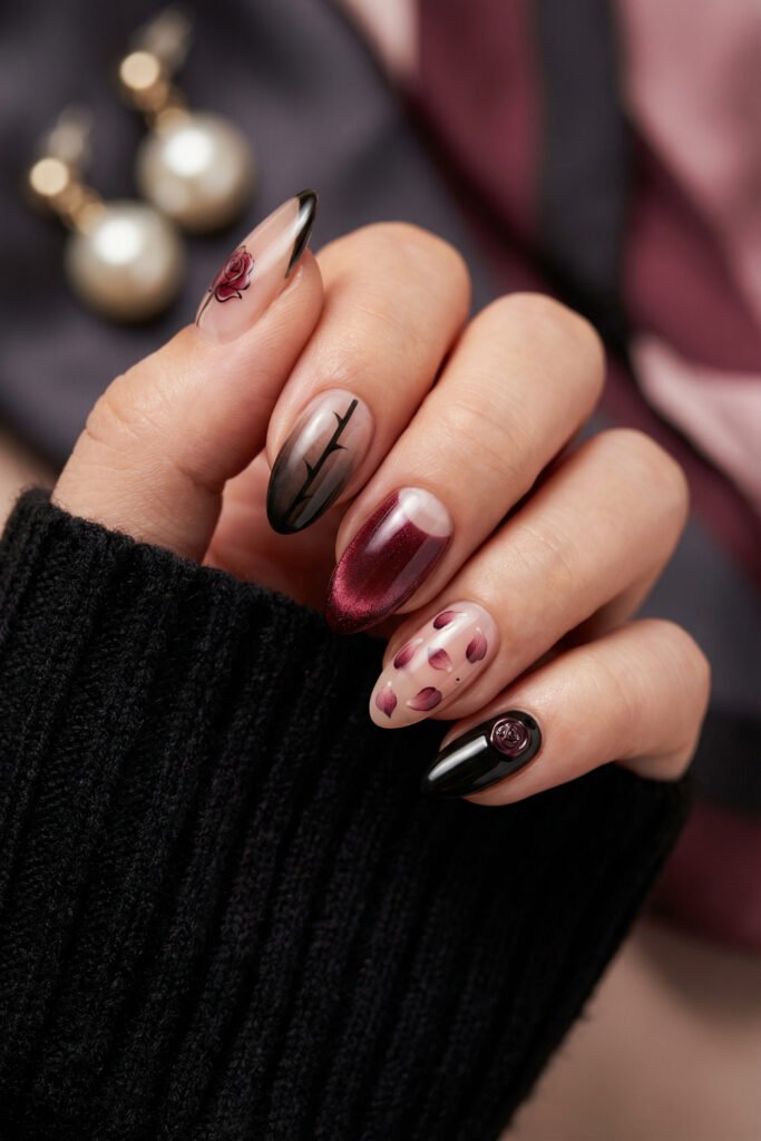 Black and Red Nails for a Bold, Polished Look 13 Close up of almond nails with a red rose black thorn design burgundy shimmer petals and a raised rose accent on black polish
