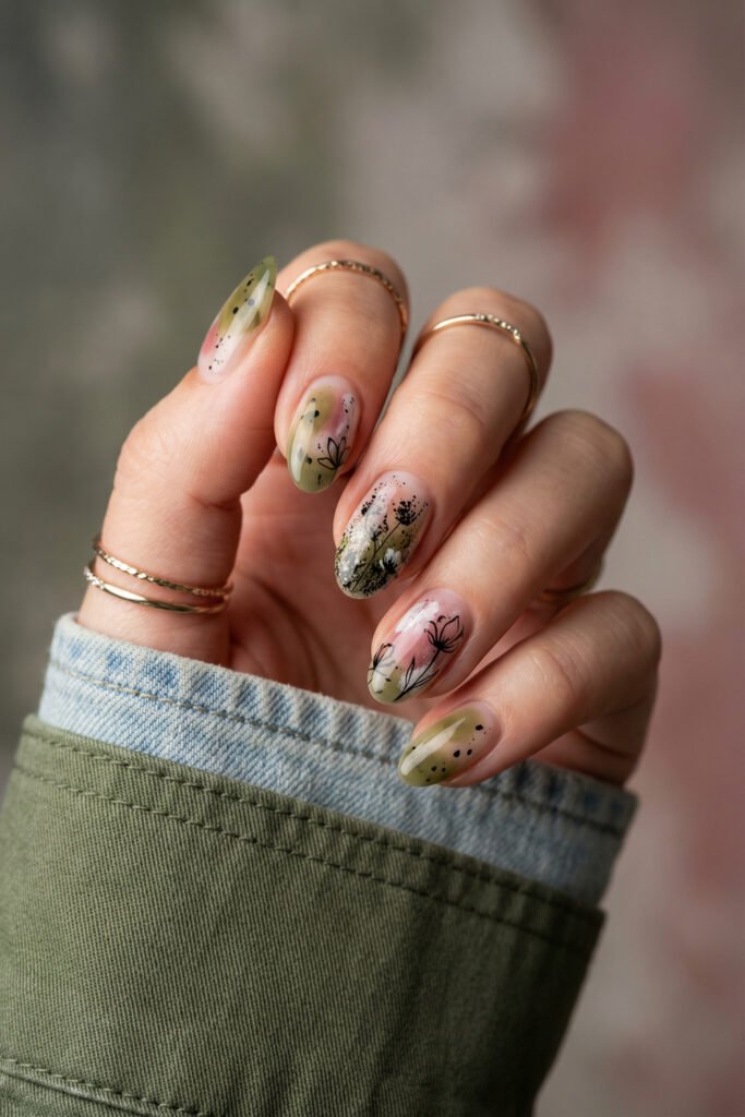 Abstract edgy spring nails in olive, blush, and sheer nude with botanical line art, black speckles, and painterly floral details.
