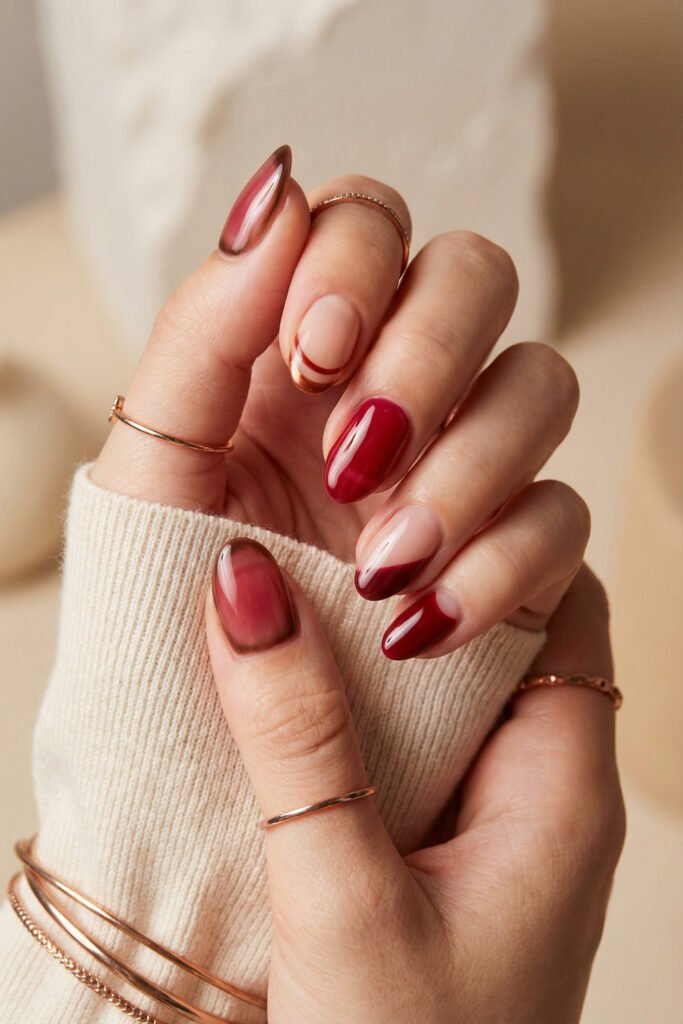Elegant fall red nails in glossy almond shapes with translucent berry gradients, copper-lined nude accents, and a diagonal deep red French tip.
