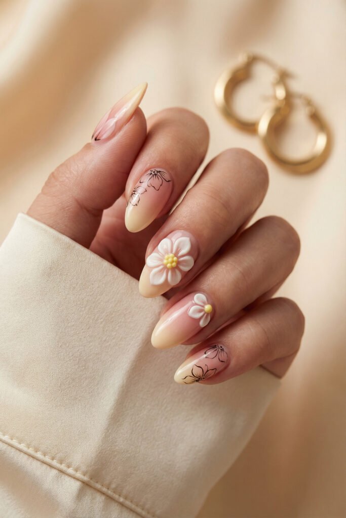 Nude ombré floral spring nails with a raised white daisy, tiny 3D bloom, and black line-art flowers on glossy almond nails.
