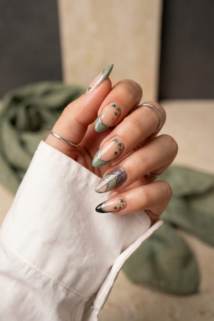 Muted green almond nails with black French tips, delicate vine art, and a geometric stained-glass accent create an elegant spring goth nails look.
