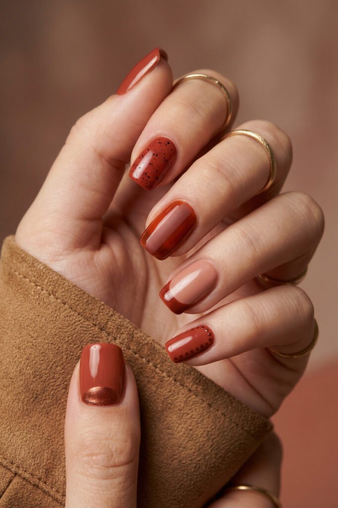Soft square fall red nails in terracotta and brown with black speckles, sheer amber gloss, a brown French tip, dotted accents, and a copper half-moon.
