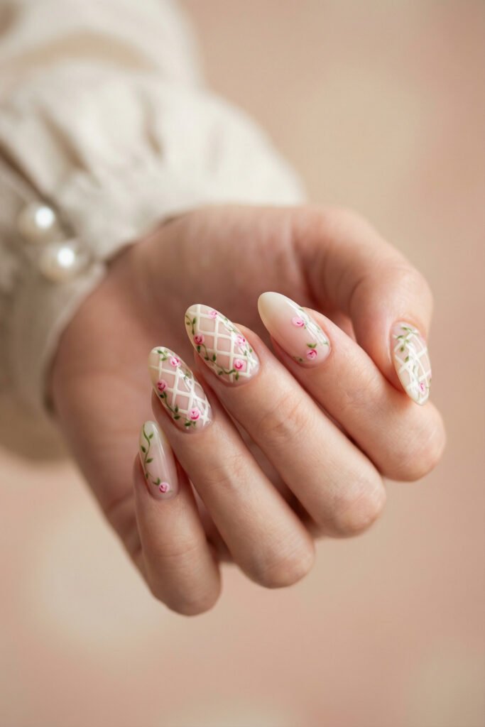 Almond floral spring nails with creamy nude base, white lattice details, pink rosebuds, and green vines for a romantic garden look.
