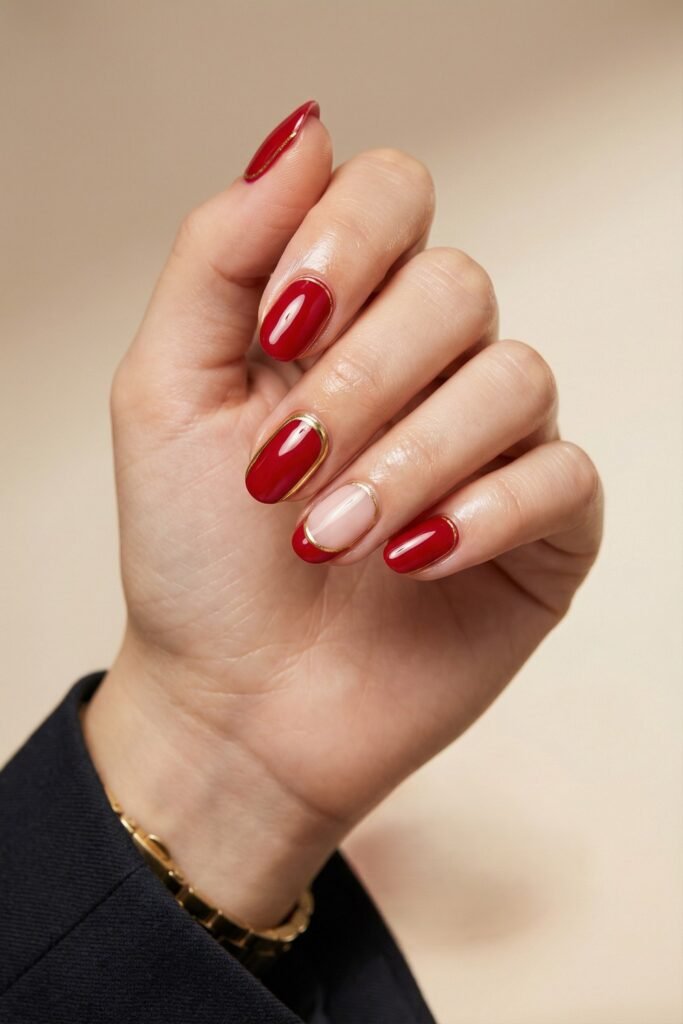Chic Gold and Red Nails for a Bold, Polished Look 14 Close up of a hand with glossy red oval nails and a nude accent nail outlined in gold with a dark blazer sleeve against a soft beige background