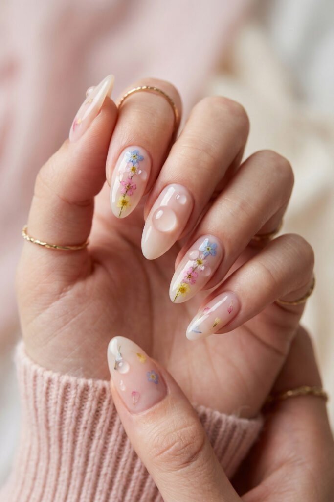 Spring Summer Nails That Feel Fresh and Easy 11 Milky blush spring summer nails with delicate pressed flower art, glossy water-drop accents, and soft white tips on almond-shaped nails.