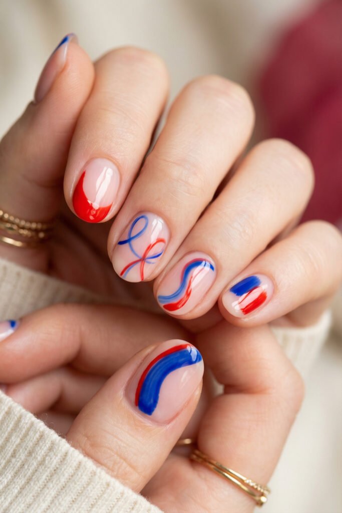 Glossy blue and red nails with painterly swirls, looped line art, and curved color accents on short nude nails with a soft minimal feel
