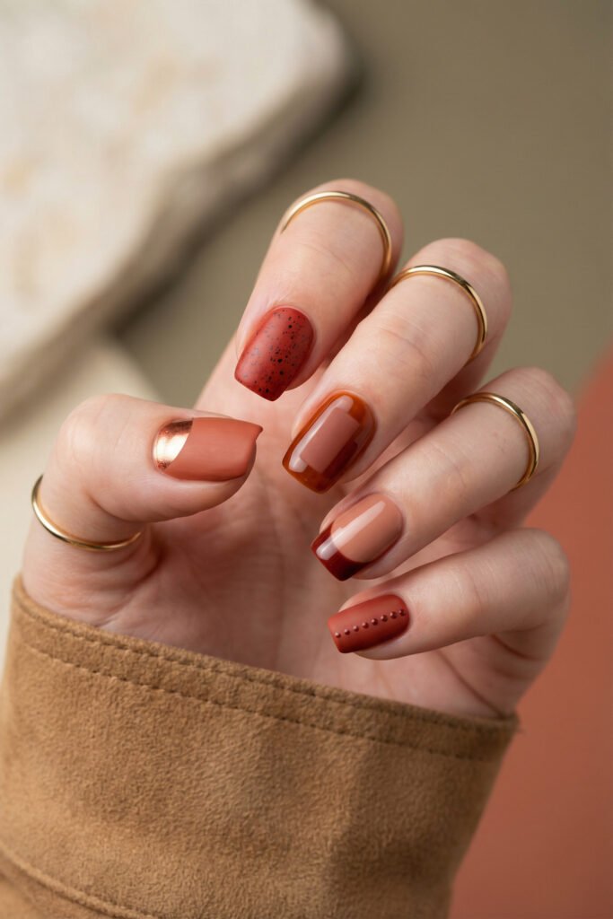 Terracotta fall red nails with matte speckled accents, glossy amber jelly, a soft brown French tip, dotted detail, and a metallic copper thumb accent.

