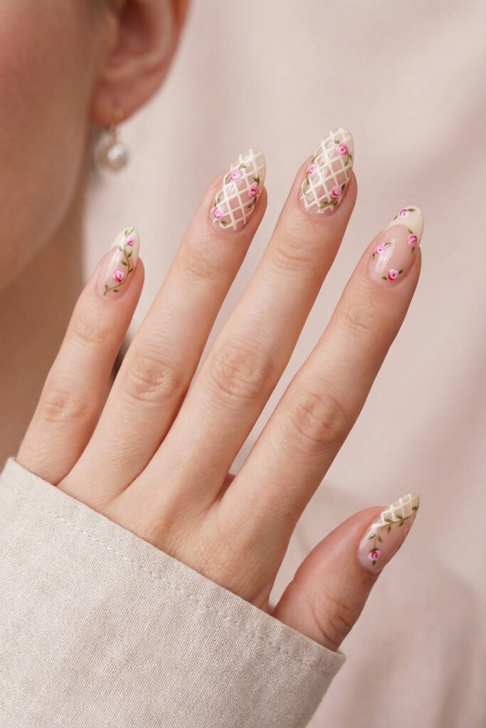 Glossy almond floral spring nails with sheer nude base, white trellis accents, and tiny pink rose vines styled in a soft elegant pose.
